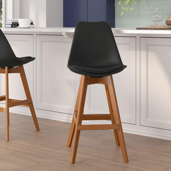 Black LeatherSoft/Walnut Frame |#| 2 Pack Commercial Wood Frame Plastic Barstools - LeatherSoft Seat-Black/Walnut