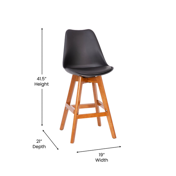 Black LeatherSoft/Walnut Frame |#| 2 Pack Commercial Wood Frame Plastic Barstools - LeatherSoft Seat-Black/Walnut