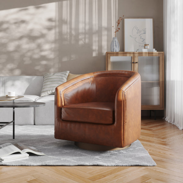 Brown LeatherSoft |#| Traditional Club Style Chair with 360° Swivel Metal Base in Brown LeatherSoft