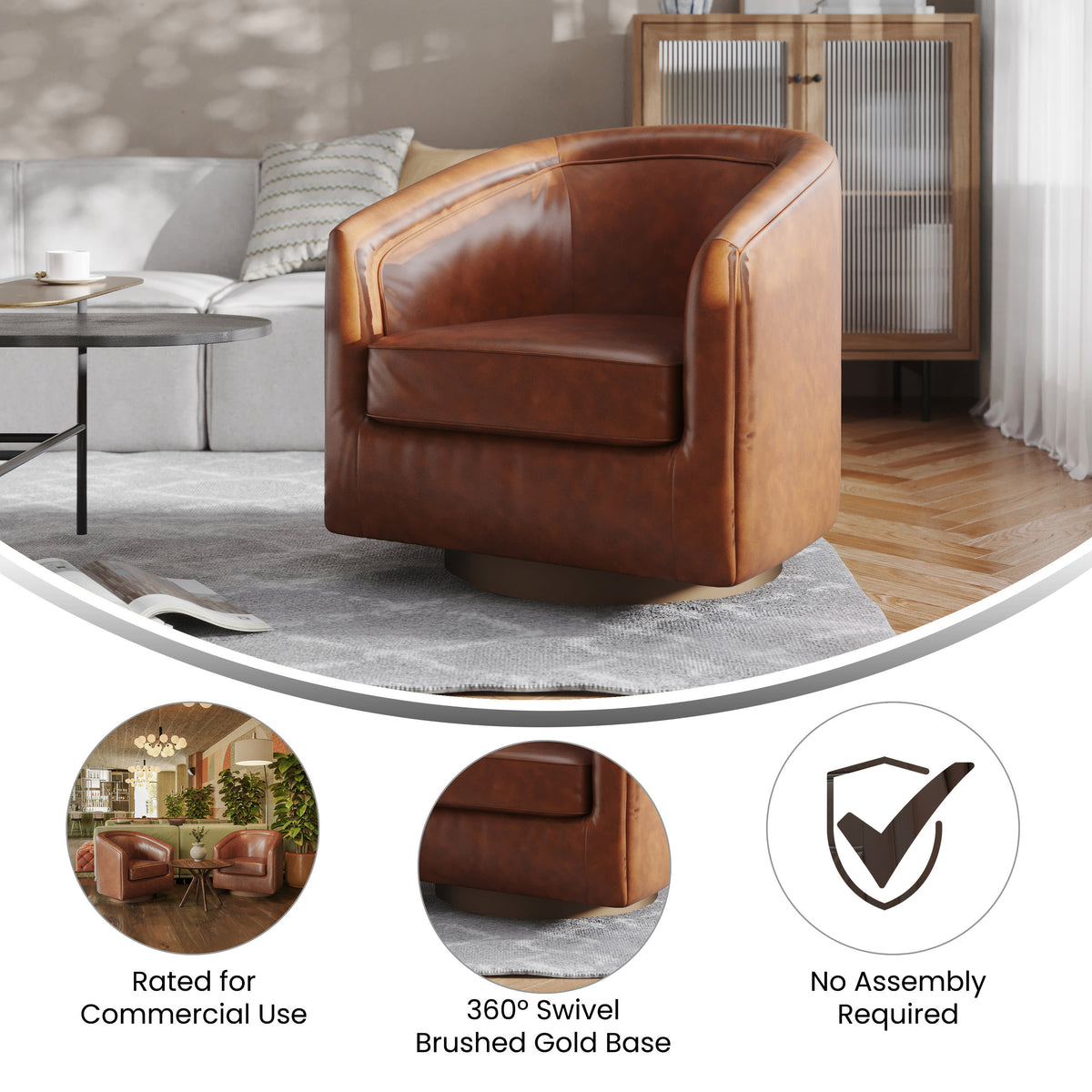 Brown LeatherSoft |#| Traditional Club Style Chair with 360° Swivel Metal Base in Brown LeatherSoft