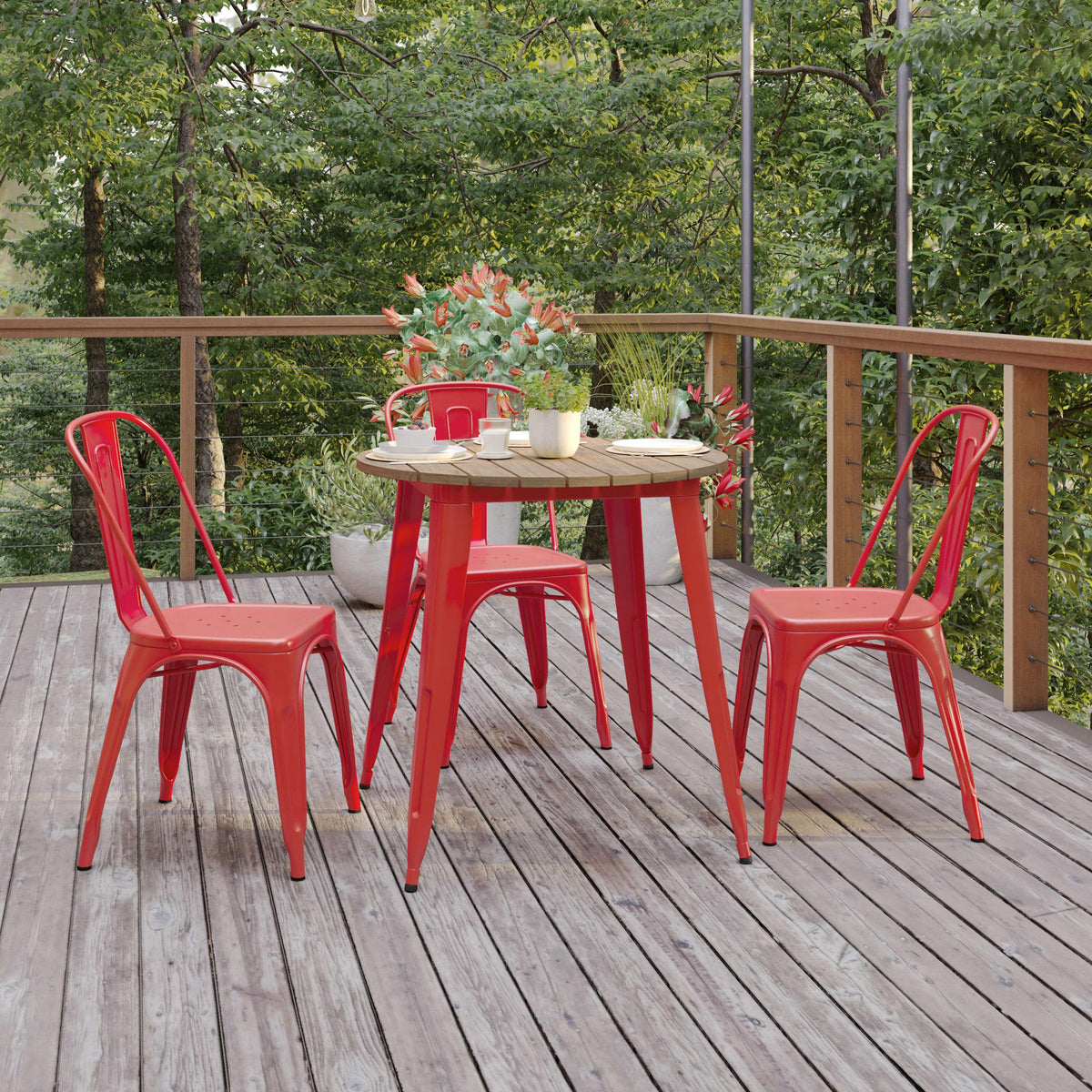 Brown/Red |#| 30inch RD Commercial Poly Resin Restaurant Table with Steel Frame-Brown/Red