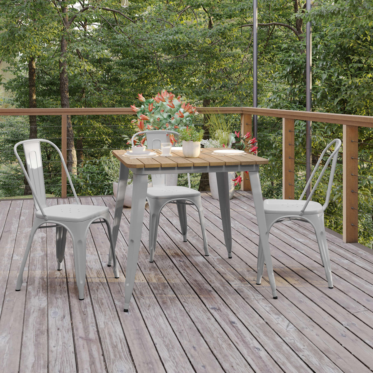 Brown/Silver |#| 31.5inch SQ Commercial Poly Resin Restaurant Table with Steel Frame-Brown/Silver