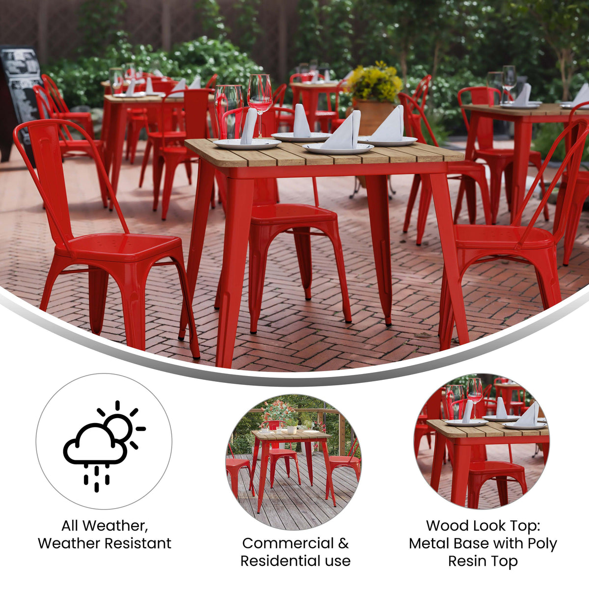 Brown/Red |#| 31.5inch SQ Commercial Poly Resin Restaurant Table with Steel Frame-Brown/Red