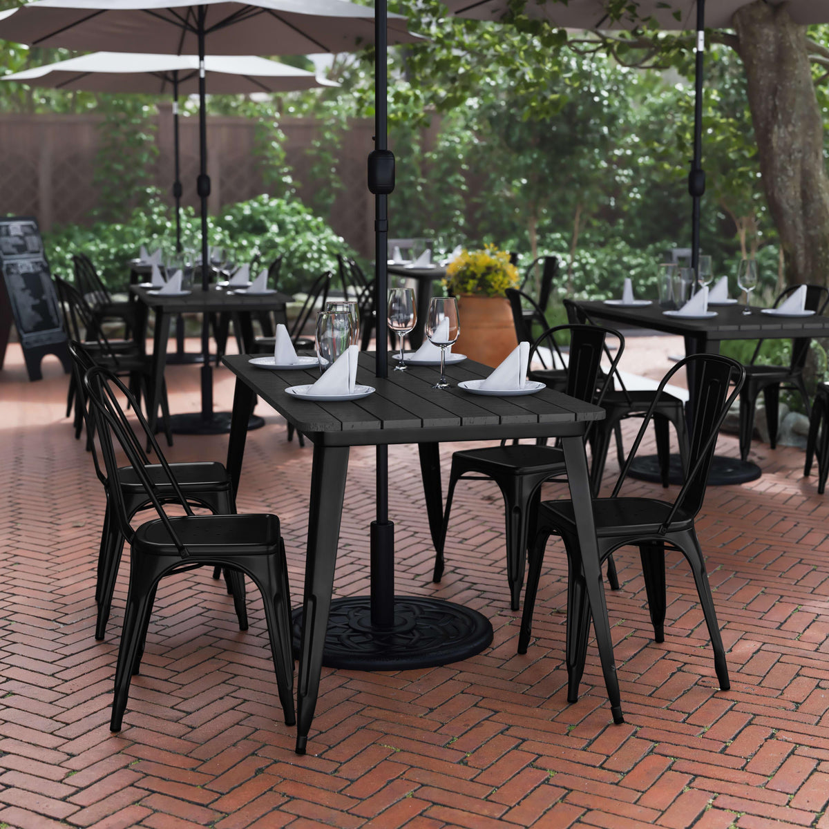 Black |#| 30x60 Commercial Poly Resin Restaurant Table with Umbrella Hole - Black/Black