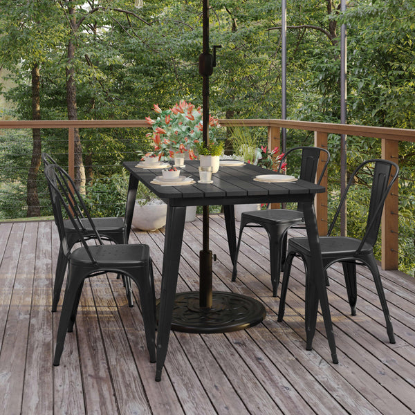 Black |#| 30x60 Commercial Poly Resin Restaurant Table with Umbrella Hole - Black/Black