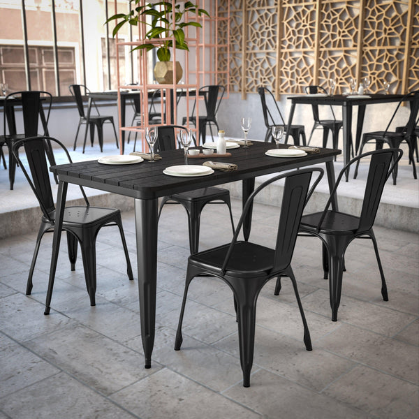 Black |#| 30x60 Commercial Poly Resin Restaurant Table with Umbrella Hole - Black/Black