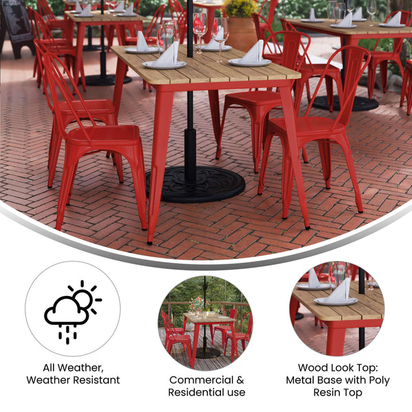 Brown/Red |#| 30x60 Commercial Poly Resin Restaurant Table with Umbrella Hole - Brown/Red