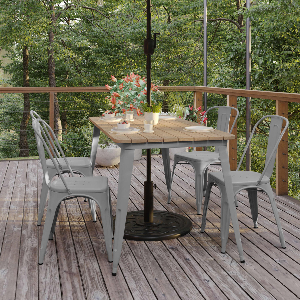 Brown/Silver |#| 30x60 Commercial Poly Resin Restaurant Table with Umbrella Hole - Brown/Silver