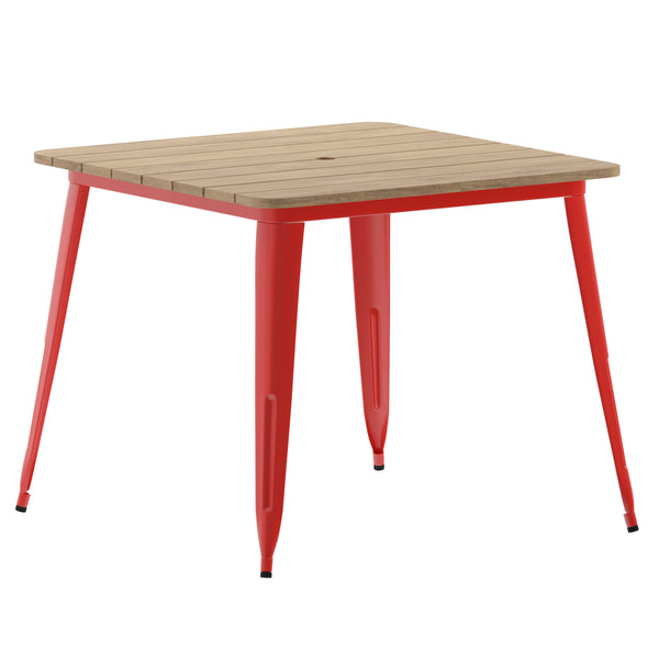 Brown/Red |#| 36inch SQ Commercial Poly Resin Restaurant Table with Umbrella Hole - Brown/Red