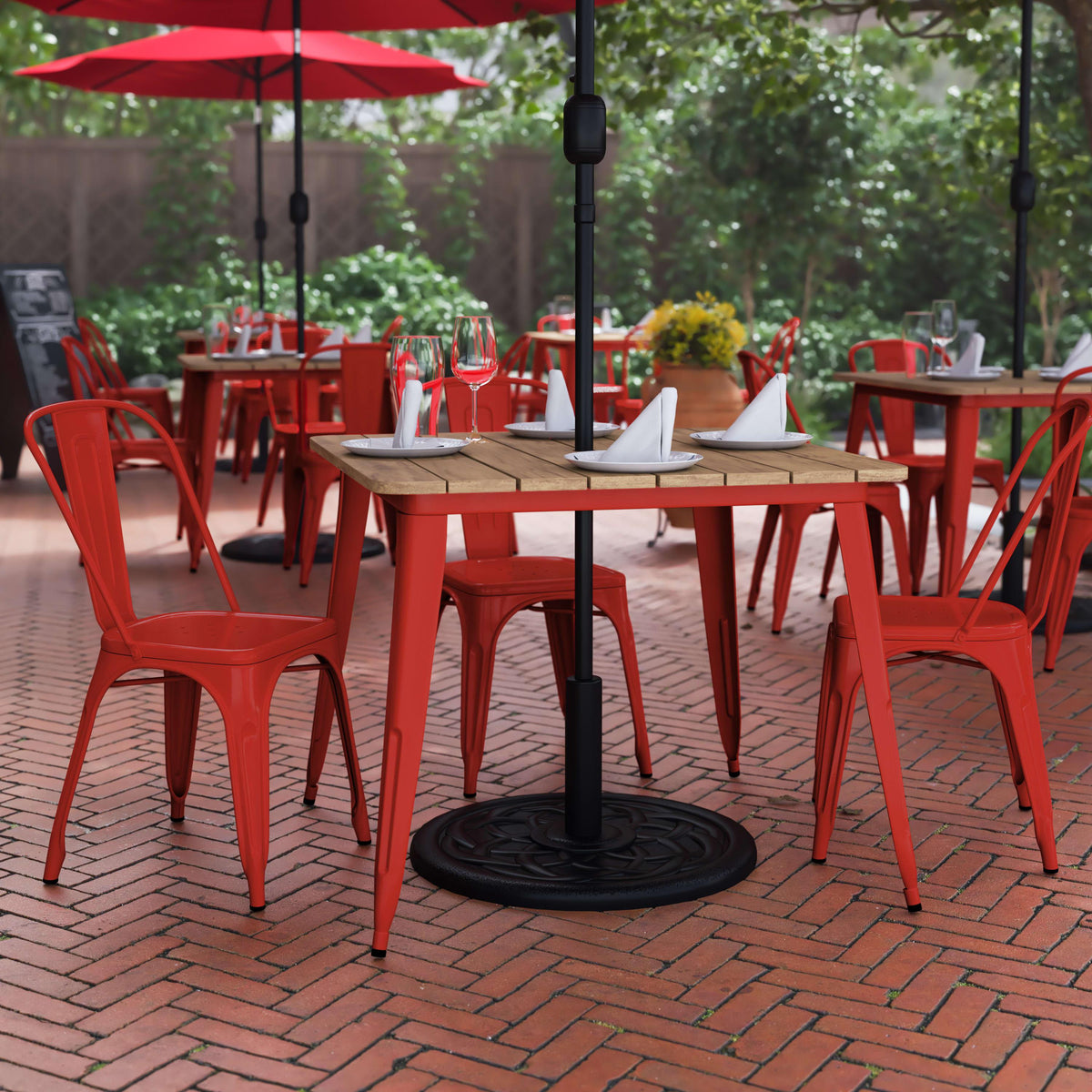 Brown/Red |#| 36inch SQ Commercial Poly Resin Restaurant Table with Umbrella Hole - Brown/Red