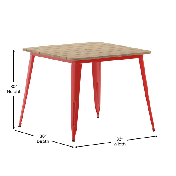 Brown/Red |#| 36inch SQ Commercial Poly Resin Restaurant Table with Umbrella Hole - Brown/Red