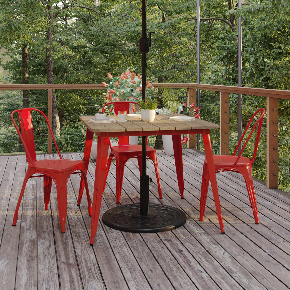 Brown/Red |#| 36inch SQ Commercial Poly Resin Restaurant Table with Umbrella Hole - Brown/Red