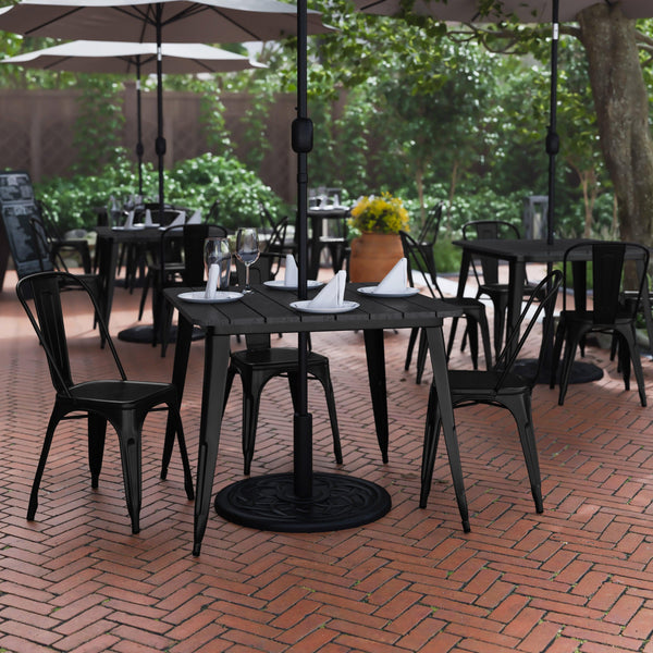 Black |#| 36inch SQ Commercial Poly Resin Restaurant Table with Umbrella Hole - Black/Black