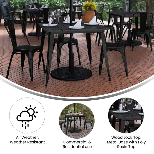 Black |#| 36inch SQ Commercial Poly Resin Restaurant Table with Umbrella Hole - Black/Black