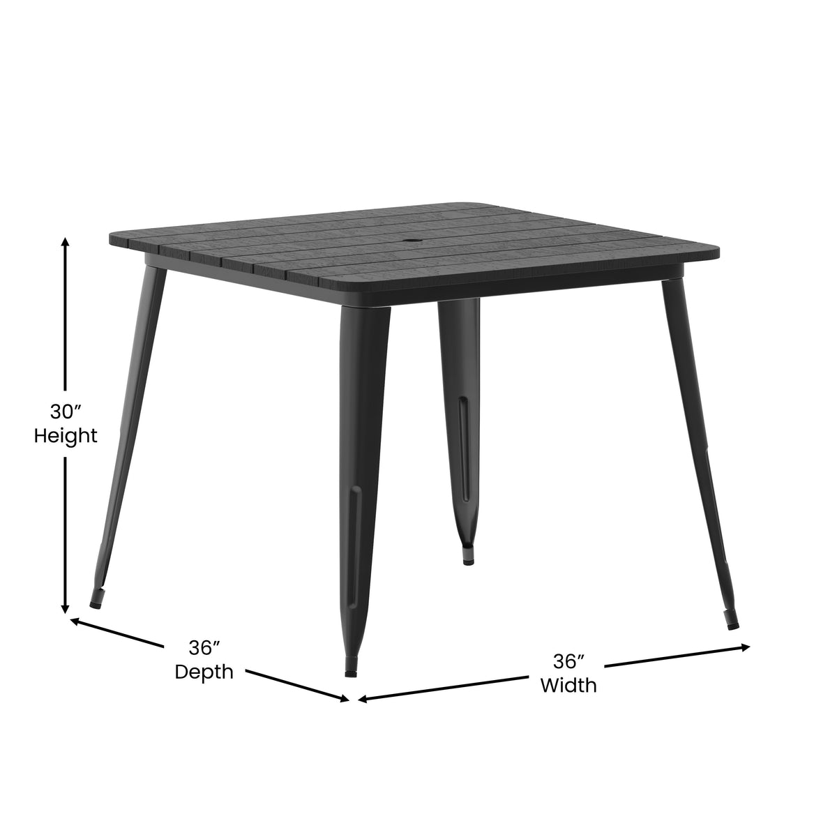 Black |#| 36inch SQ Commercial Poly Resin Restaurant Table with Umbrella Hole - Black/Black