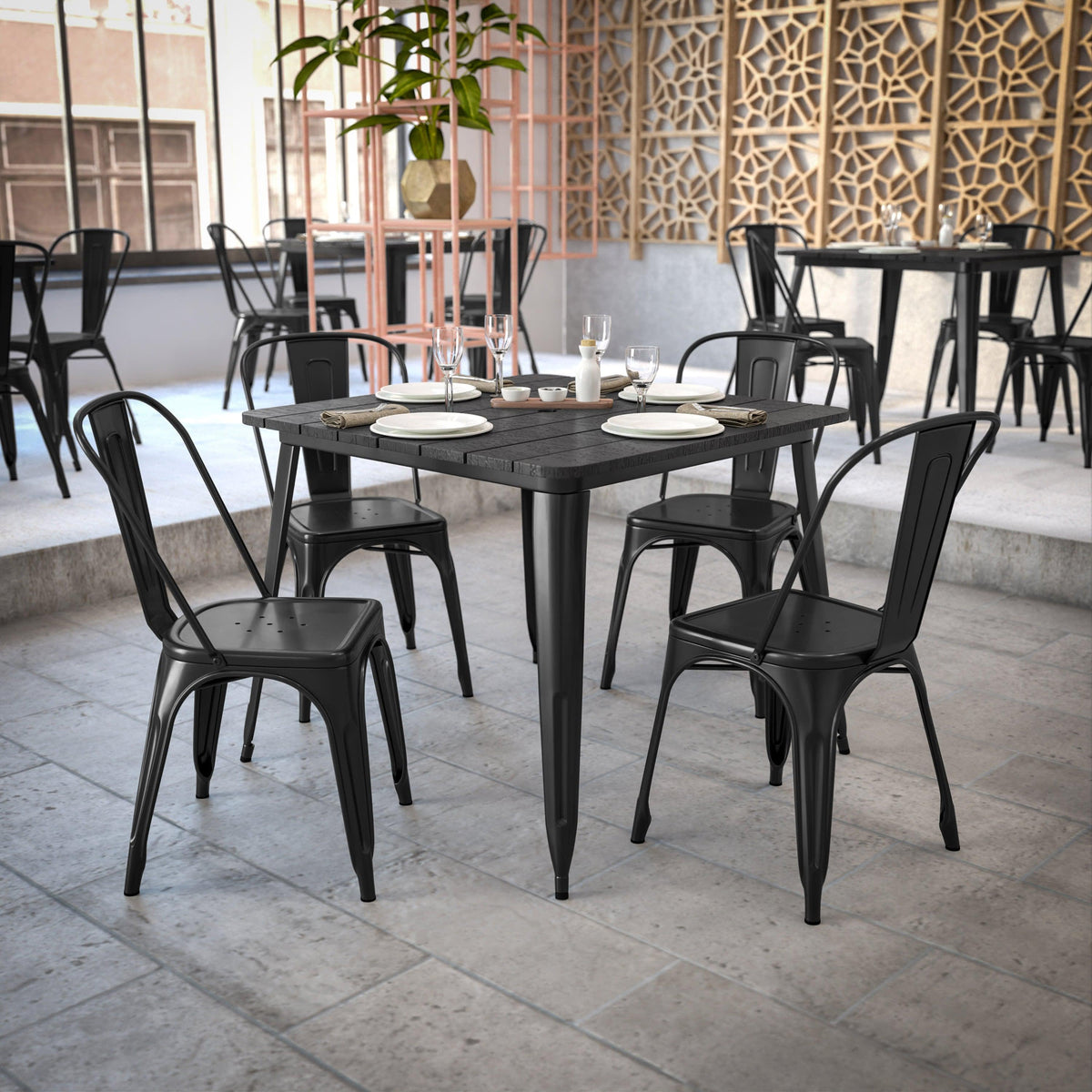 Black |#| 36inch SQ Commercial Poly Resin Restaurant Table with Umbrella Hole - Black/Black