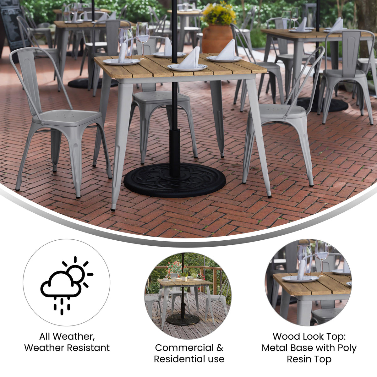 Brown/Silver |#| 36inch SQ Commercial Poly Resin Restaurant Table with Umbrella Hole - Brown/Silver