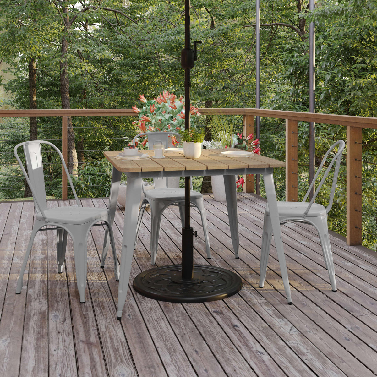 Brown/Silver |#| 36inch SQ Commercial Poly Resin Restaurant Table with Umbrella Hole - Brown/Silver