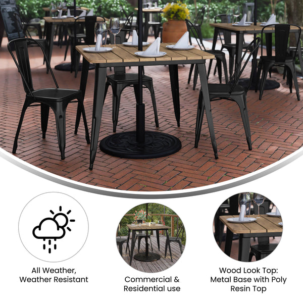 composite slatted patio dining table umbrella hole Flash Furniture Declan Commercial Indoor & Outdoor Dining Table with Umbrella Hole 36 in. Square All Weather Black Poly Resin Top & Black Steel Base