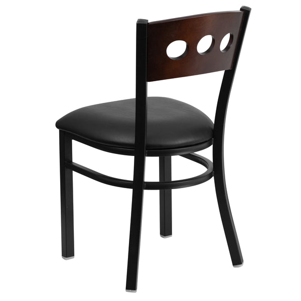 Walnut Wood Back/Black Vinyl Seat/Black Metal Frame |#| Black 3 Circle Back Metal Restaurant Chair - Walnut Wood Back, Black Vinyl Seat