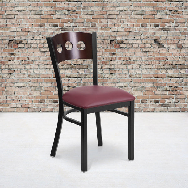 Walnut Wood Back/Burgundy Vinyl Seat/Black Metal Frame |#| Black 3 CIR Back Metal Restaurant Chair - Walnut Wood Back, Burgundy Vinyl Seat
