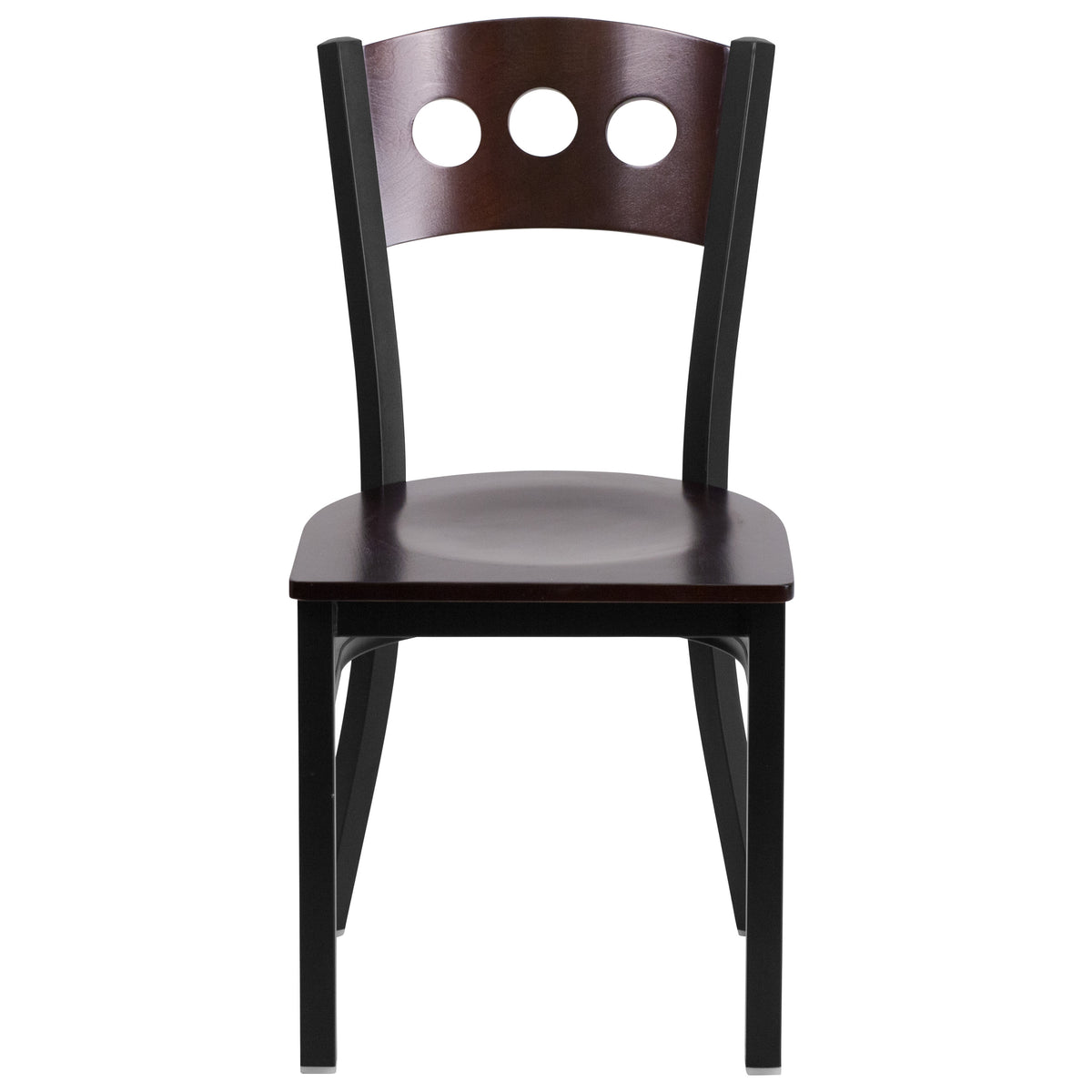 Walnut Wood Back/Walnut Wood Seat/Black Metal Frame |#| Black 3 Circle Back Metal Restaurant Chair - Walnut Wood Back & Seat