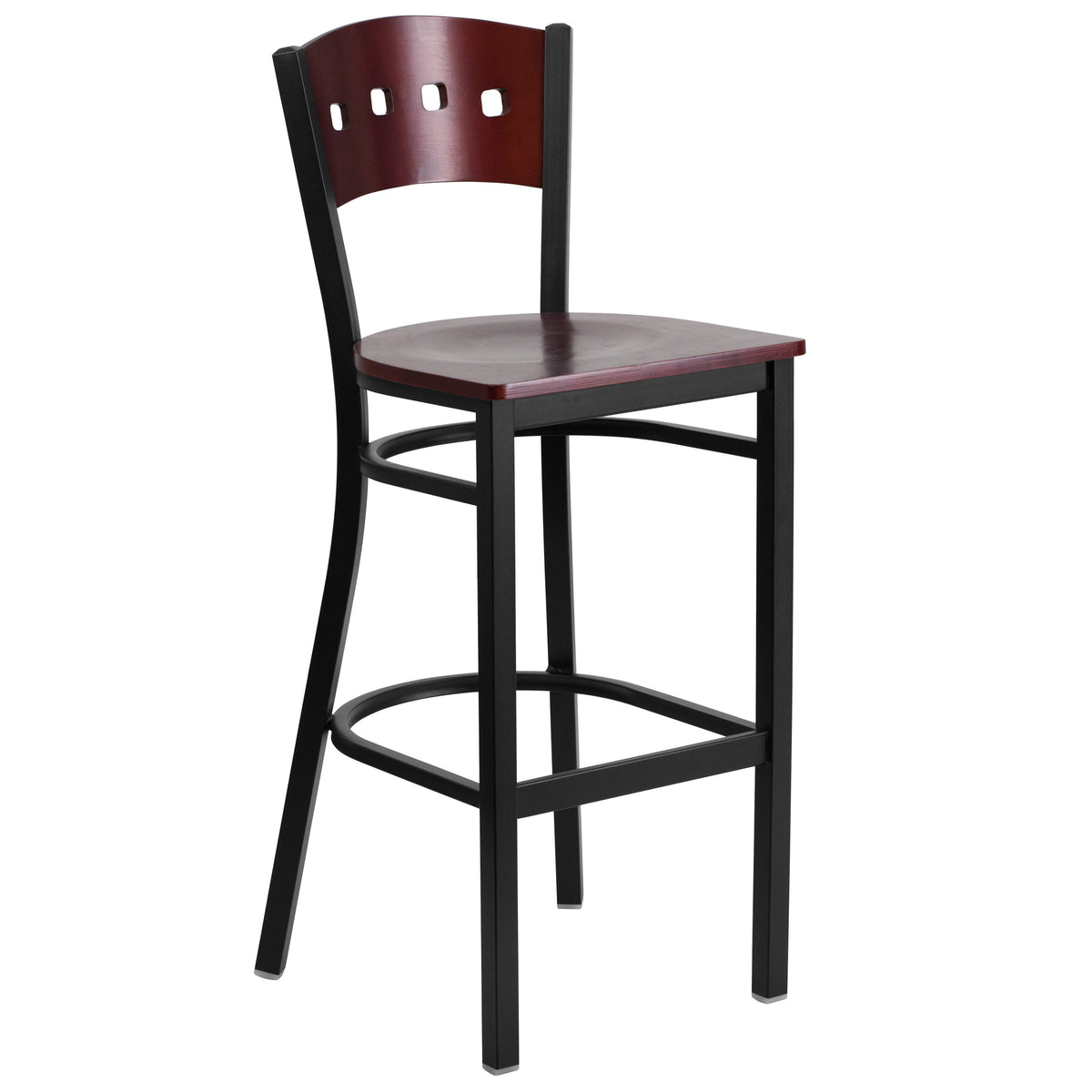 Mahogany Wood Back/Mahogany Wood Seat/Black Metal Frame |#| Black 4 Square Back Metal Restaurant Barstool - Mahogany Wood Back & Seat