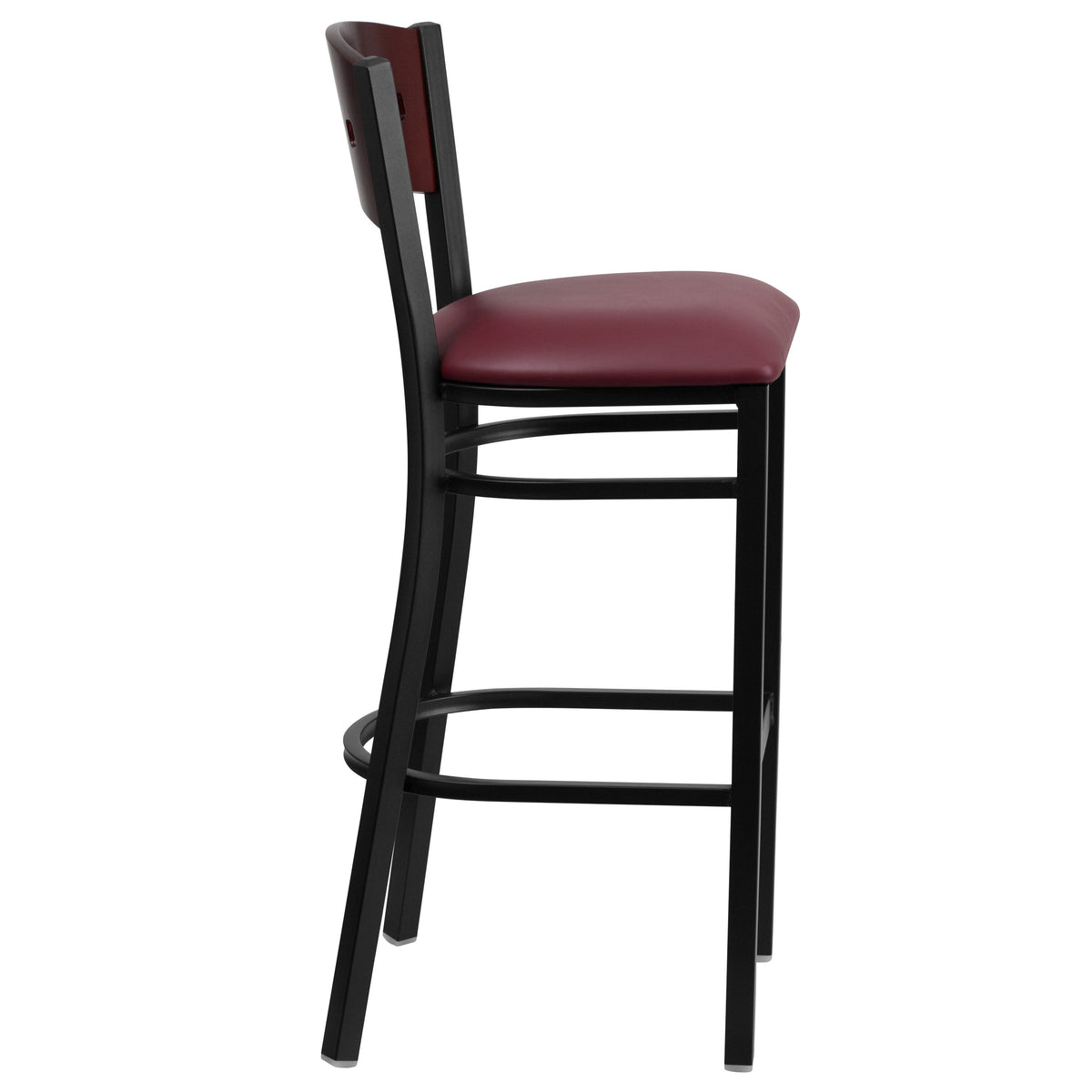 Mahogany Wood Back/Burgundy Vinyl Seat/Black Metal Frame |#| Black 4 Square Back Metal Barstool - Mahogany Wood Back, Burgundy Vinyl Seat