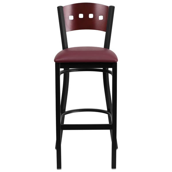 Mahogany Wood Back/Burgundy Vinyl Seat/Black Metal Frame |#| Black 4 Square Back Metal Barstool - Mahogany Wood Back, Burgundy Vinyl Seat