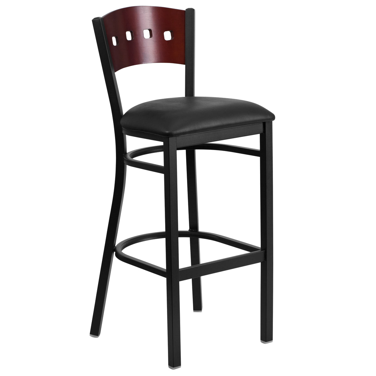 Mahogany Wood Back/Black Vinyl Seat/Black Metal Frame |#| Black 4 Square Back Metal Barstool - Mahogany Wood Back, Black Vinyl Seat