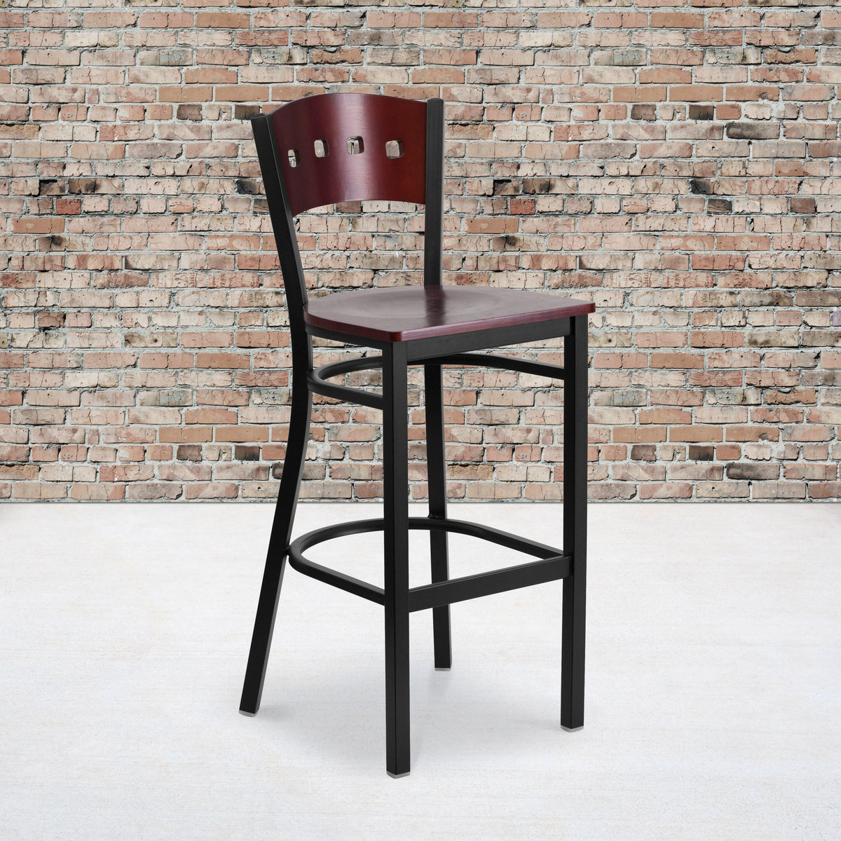 Mahogany Wood Back/Mahogany Wood Seat/Black Metal Frame |#| Black 4 Square Back Metal Restaurant Barstool - Mahogany Wood Back & Seat