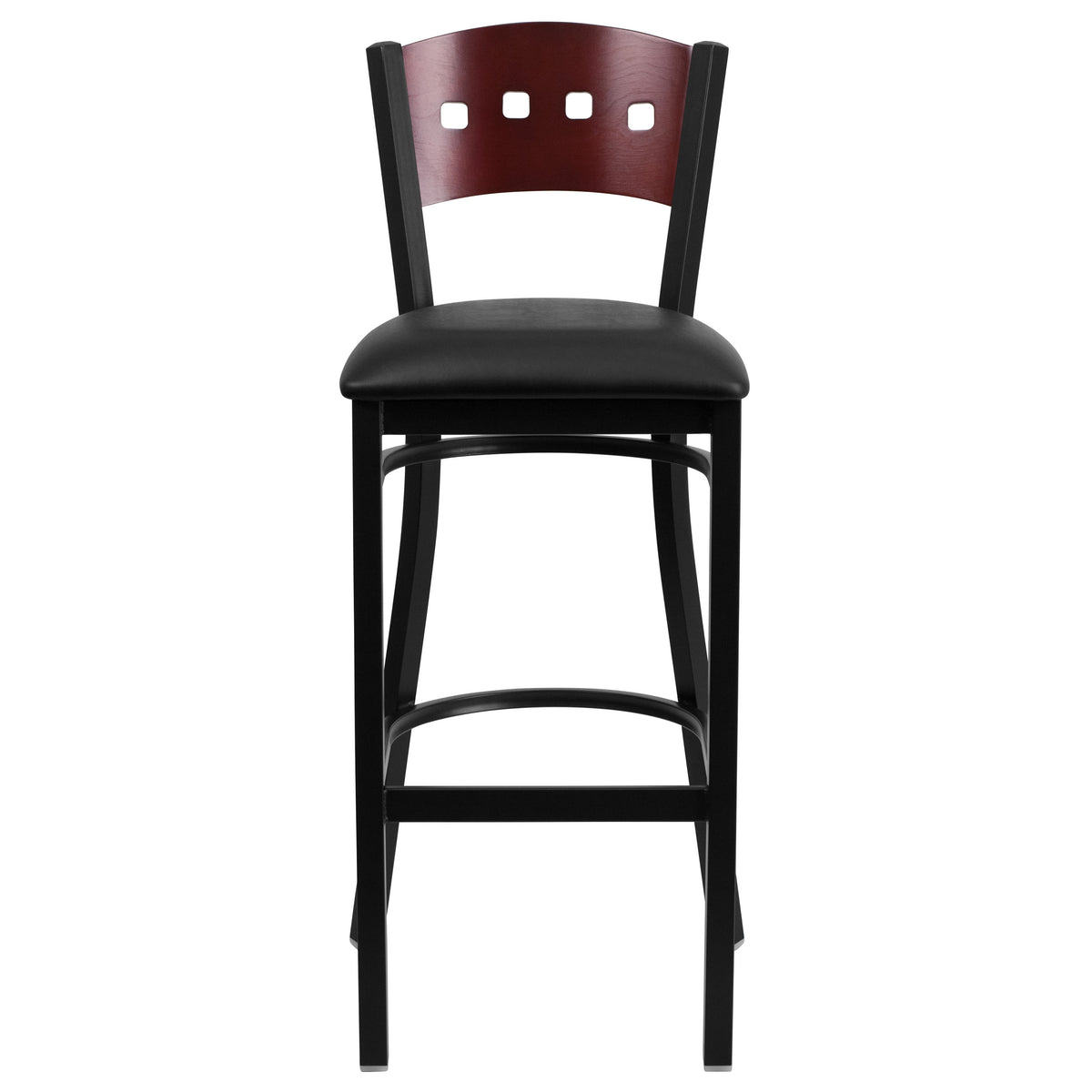 Mahogany Wood Back/Black Vinyl Seat/Black Metal Frame |#| Black 4 Square Back Metal Barstool - Mahogany Wood Back, Black Vinyl Seat