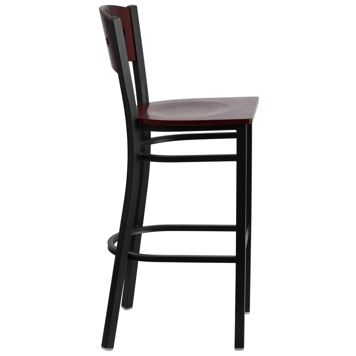 Mahogany Wood Back/Mahogany Wood Seat/Black Metal Frame |#| Black 4 Square Back Metal Restaurant Barstool - Mahogany Wood Back & Seat