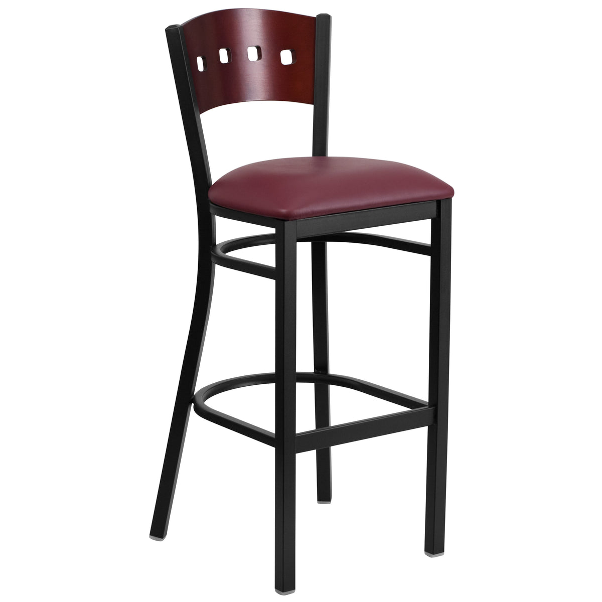 Mahogany Wood Back/Burgundy Vinyl Seat/Black Metal Frame |#| Black 4 Square Back Metal Barstool - Mahogany Wood Back, Burgundy Vinyl Seat