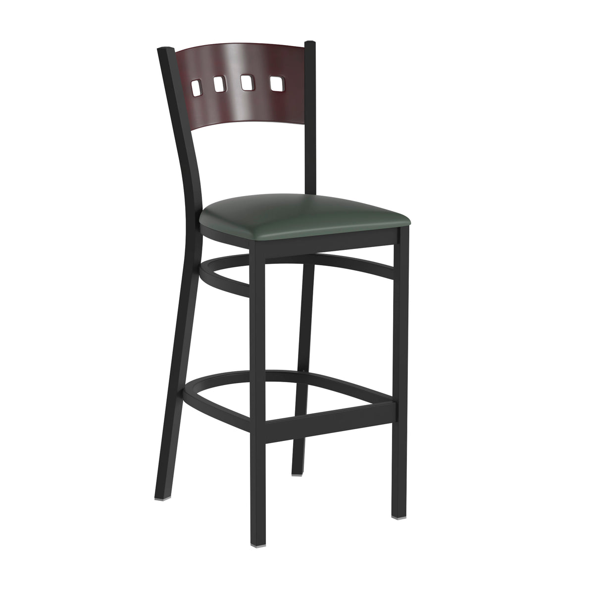 Mahogany Wood Back/Green Vinyl Seat/Black Metal Frame |#| Black 4 Square Back Metal Barstool - Mahogany Wood Back, Green Vinyl Seat
