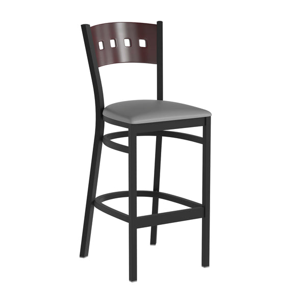 Mahogany Wood Back/Mahogany Wood Seat/Black Metal Frame |#| Black 4 Square Back Metal Restaurant Barstool - Mahogany Wood Back & Seat