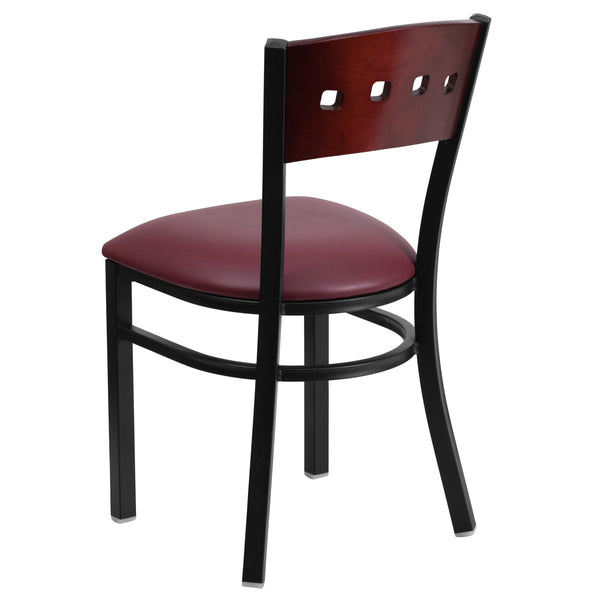 Mahogany Wood Back/Burgundy Vinyl Seat/Black Metal Frame |#| Black 4 SQ Back Metal Restaurant Chair - Mahogany Wood Back, Burgundy Vinyl Seat