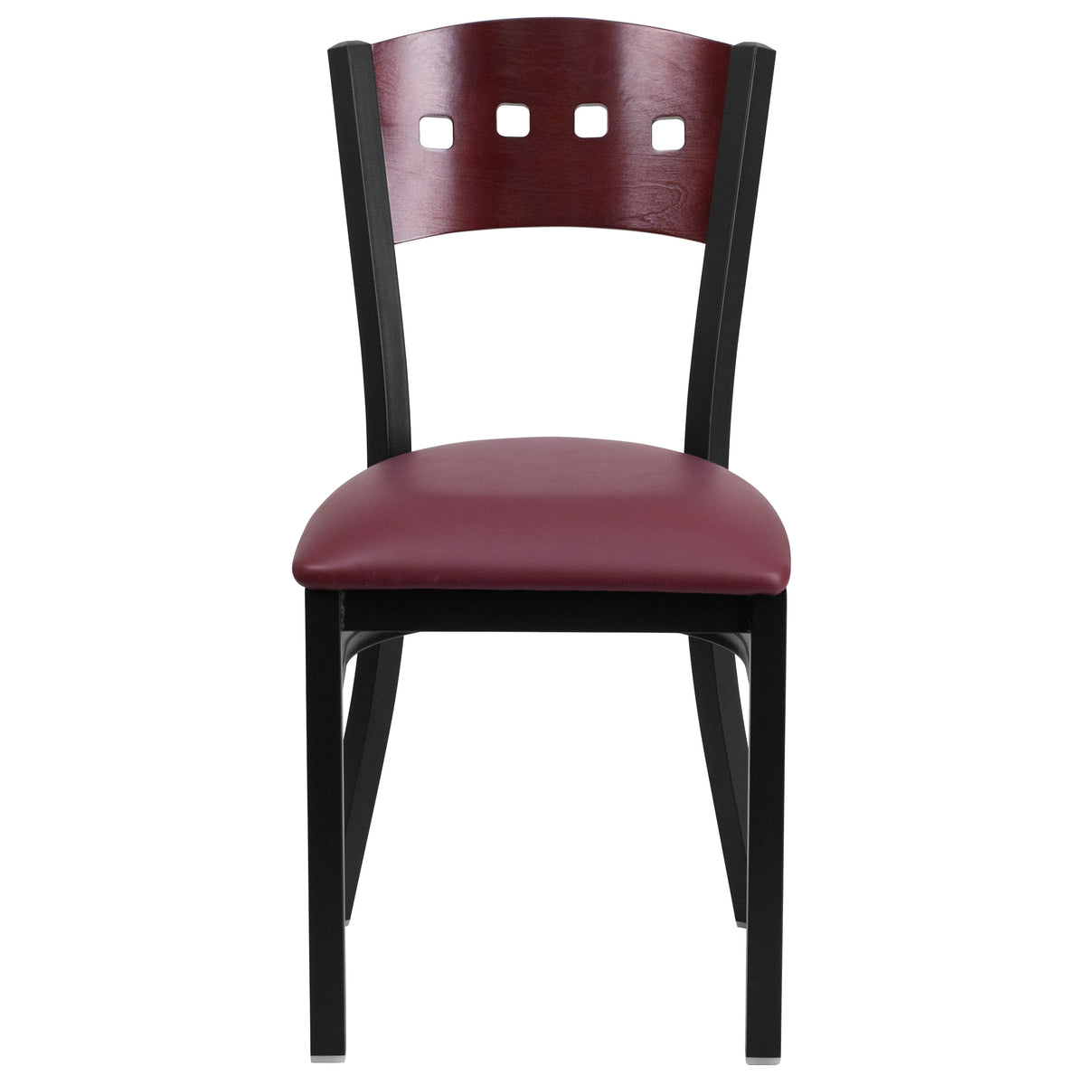 Mahogany Wood Back/Burgundy Vinyl Seat/Black Metal Frame |#| Black 4 SQ Back Metal Restaurant Chair - Mahogany Wood Back, Burgundy Vinyl Seat