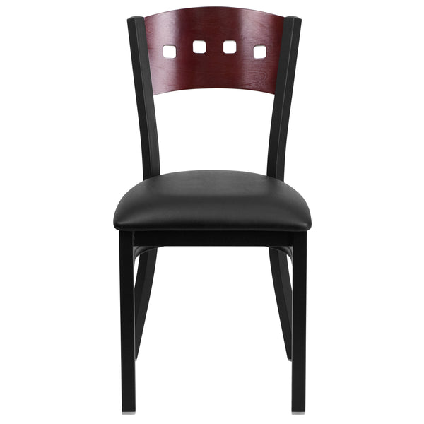 Mahogany Wood Back/Black Vinyl Seat/Black Metal Frame |#| Black 4 SQ Back Metal Restaurant Chair - Mahogany Wood Back, Black Vinyl Seat