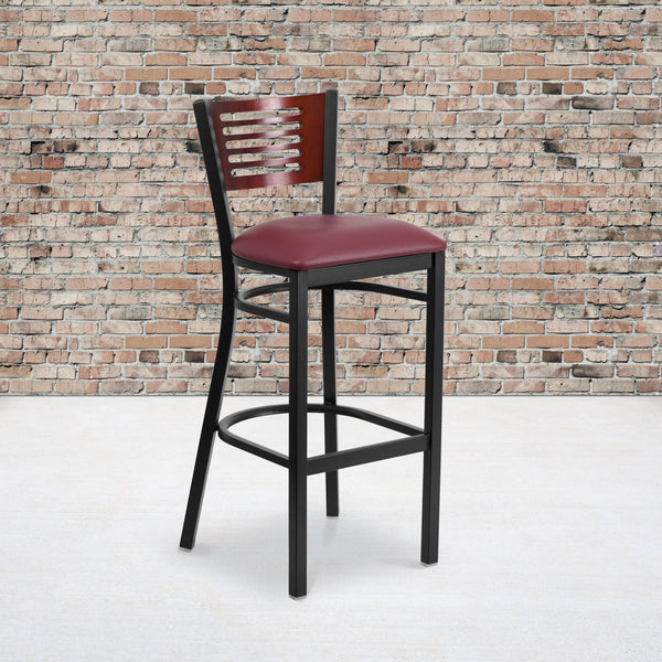 Mahogany Wood Back/Burgundy Vinyl Seat/Black Metal Frame |#| Black Slat Back Metal Restaurant Barstool - Mahogany Wood Back, Burg Vinyl Seat