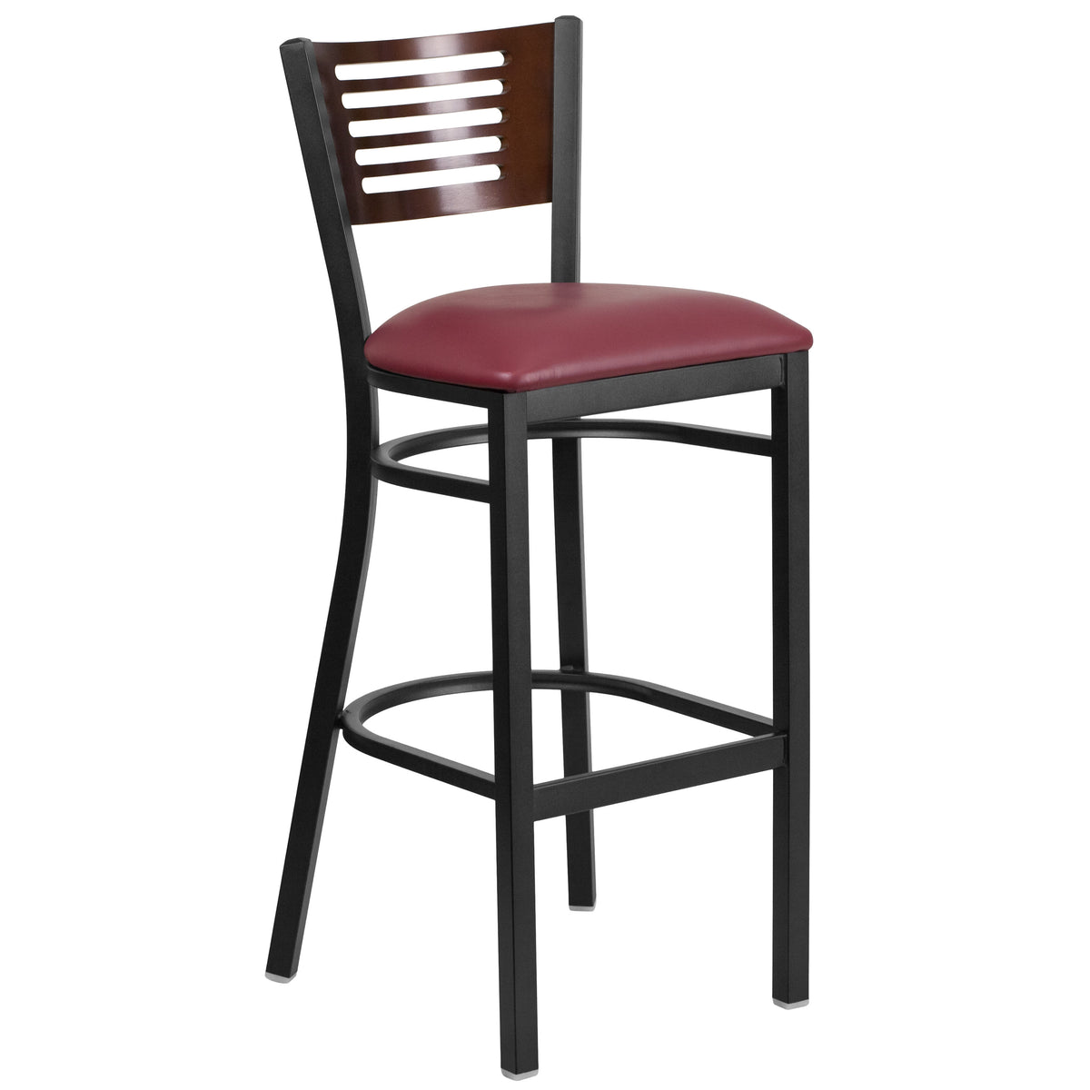 Walnut Wood Back/Burgundy Vinyl Seat/Black Metal Frame |#| Black Slat Back Metal Restaurant Barstool - Walnut Back, Burgundy Vinyl Seat