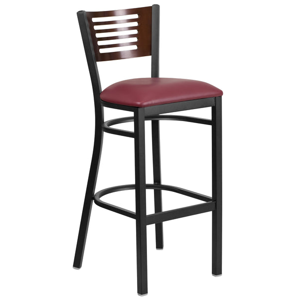 Walnut Wood Back/Burgundy Vinyl Seat/Black Metal Frame |#| Black Slat Back Metal Restaurant Barstool - Walnut Back, Burgundy Vinyl Seat