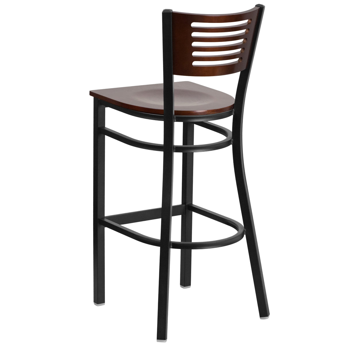 Walnut Wood Back/Walnut Wood Seat/Black Metal Frame |#| Black Slat Back Metal Restaurant Barstool - Walnut Wood Back & Seat