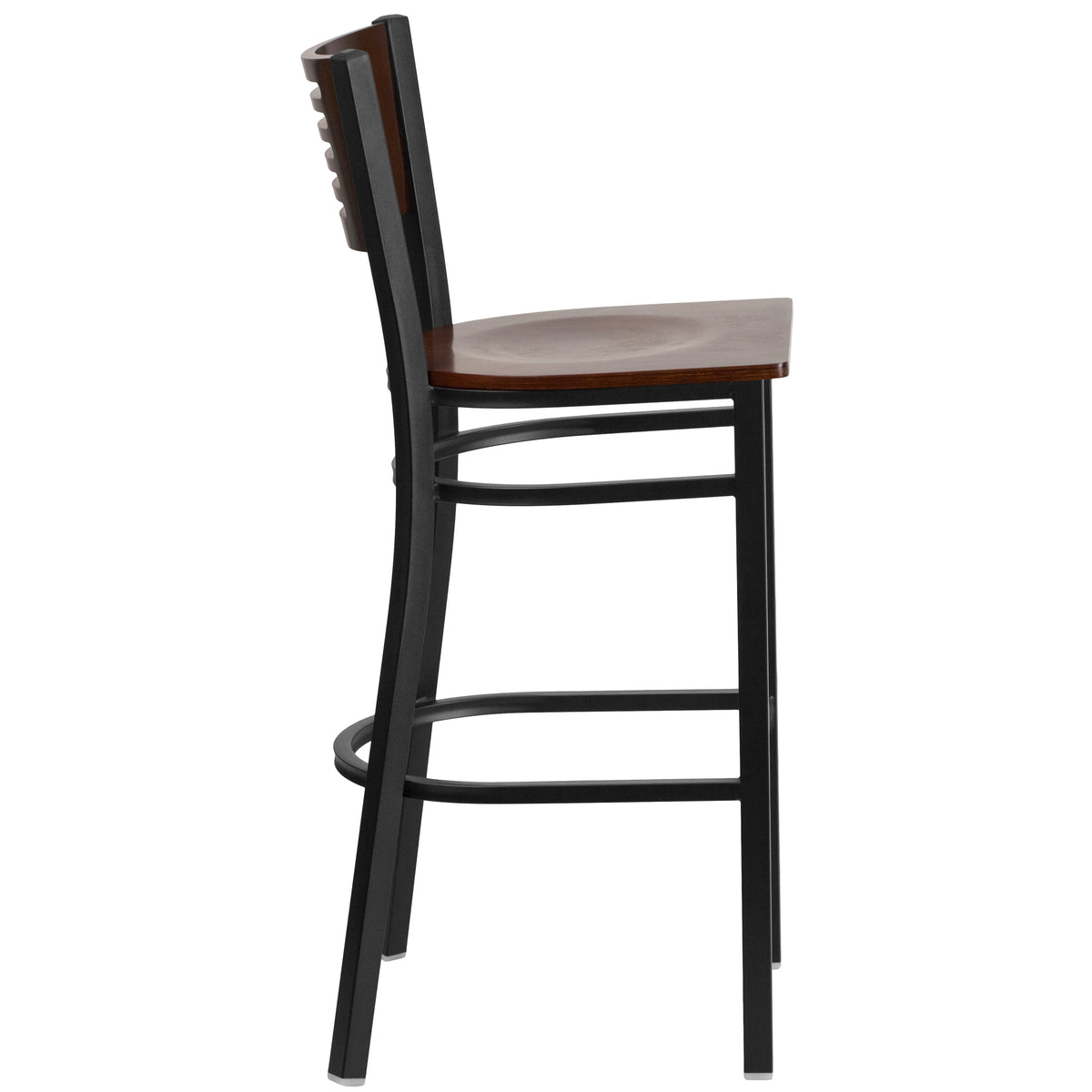 Walnut Wood Back/Walnut Wood Seat/Black Metal Frame |#| Black Slat Back Metal Restaurant Barstool - Walnut Wood Back & Seat