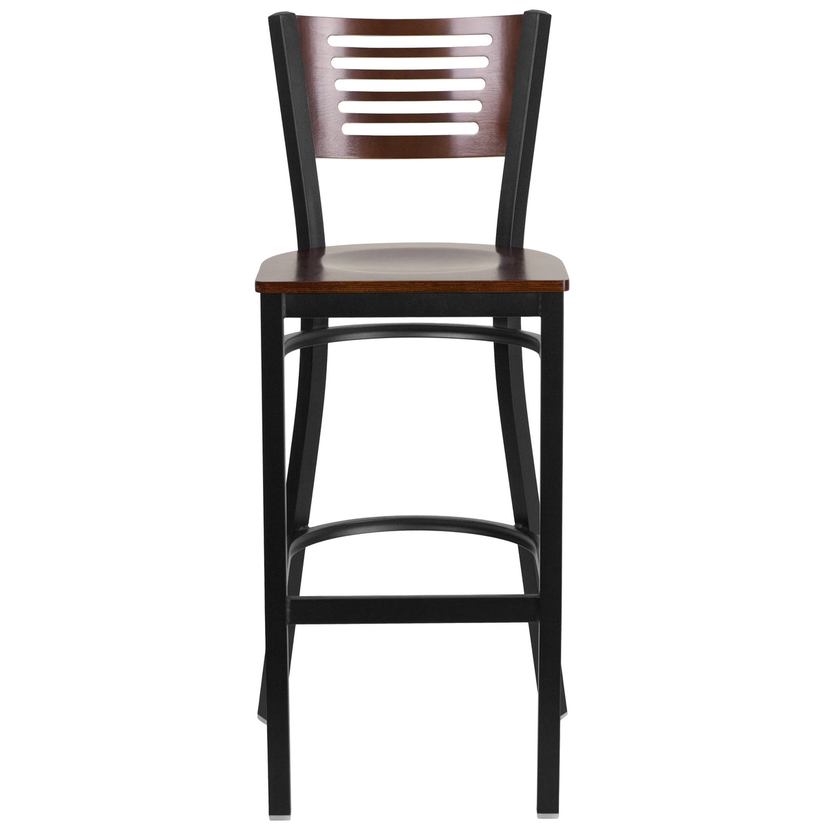 Walnut Wood Back/Walnut Wood Seat/Black Metal Frame |#| Black Slat Back Metal Restaurant Barstool - Walnut Wood Back & Seat