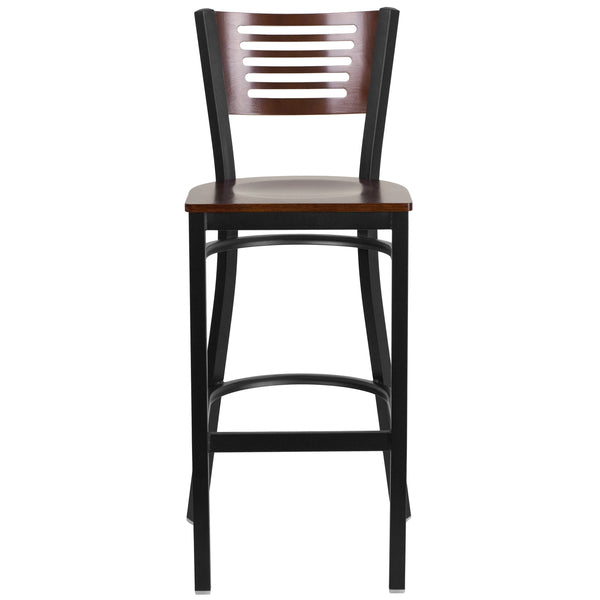 Walnut Wood Back/Walnut Wood Seat/Black Metal Frame |#| Black Slat Back Metal Restaurant Barstool - Walnut Wood Back & Seat