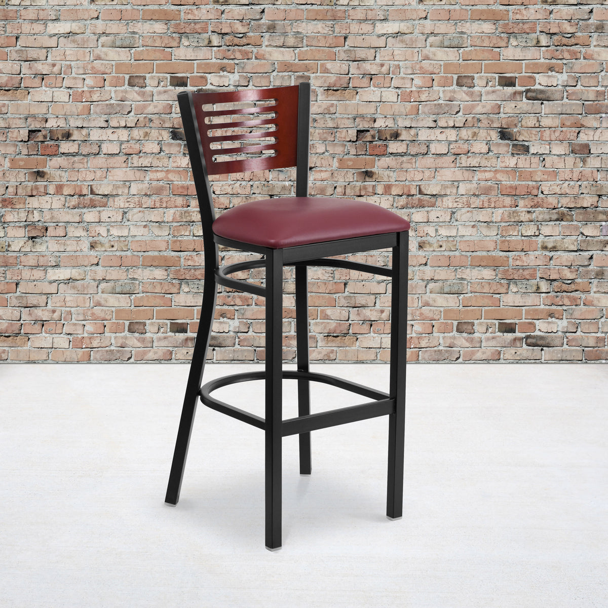 Mahogany Wood Back/Burgundy Vinyl Seat/Black Metal Frame |#| Black Slat Back Metal Restaurant Barstool - Mahogany Wood Back, Burg Vinyl Seat