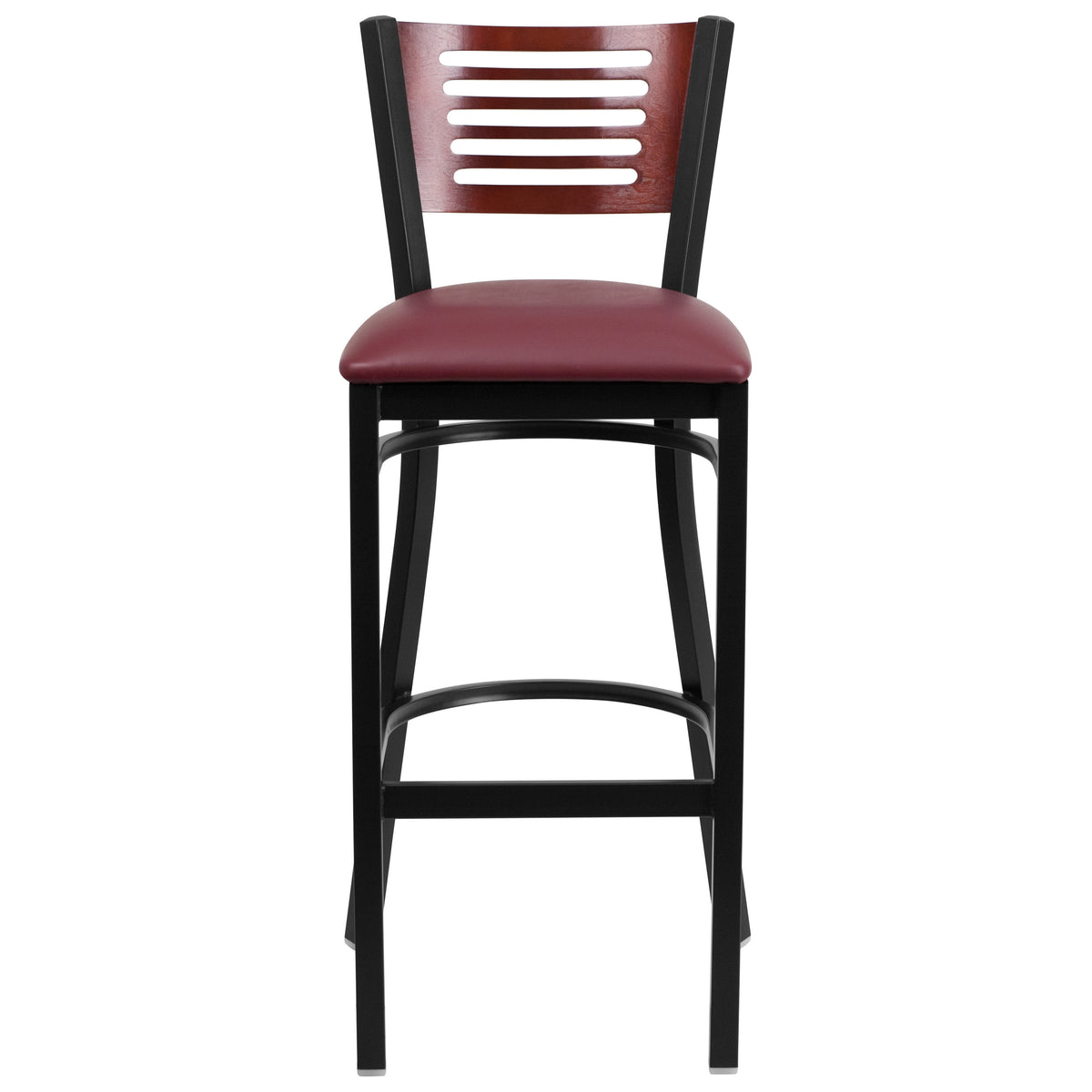 Mahogany Wood Back/Burgundy Vinyl Seat/Black Metal Frame |#| Black Slat Back Metal Restaurant Barstool - Mahogany Wood Back, Burg Vinyl Seat