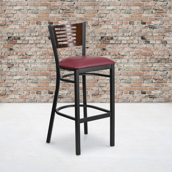 Walnut Wood Back/Burgundy Vinyl Seat/Black Metal Frame |#| Black Slat Back Metal Restaurant Barstool - Walnut Back, Burgundy Vinyl Seat