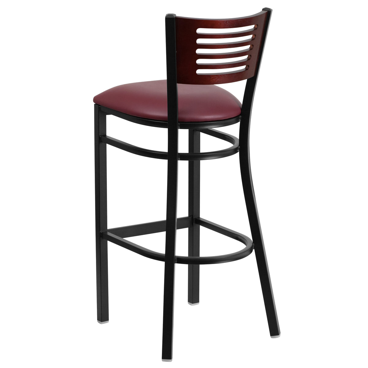 Mahogany Wood Back/Burgundy Vinyl Seat/Black Metal Frame |#| Black Slat Back Metal Restaurant Barstool - Mahogany Wood Back, Burg Vinyl Seat